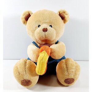 RUSS BERRIE BABY TAN TEDDY BEAR Rattle Blue Overalls Embroidered Eyes Plush RARE